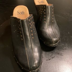 Sofft black leather mules with 3” heel